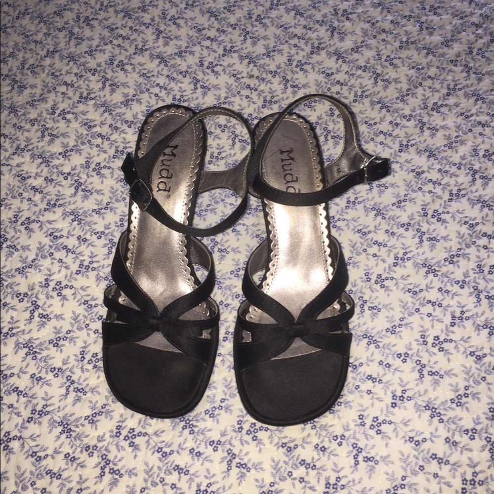 Black satin open toe pumps